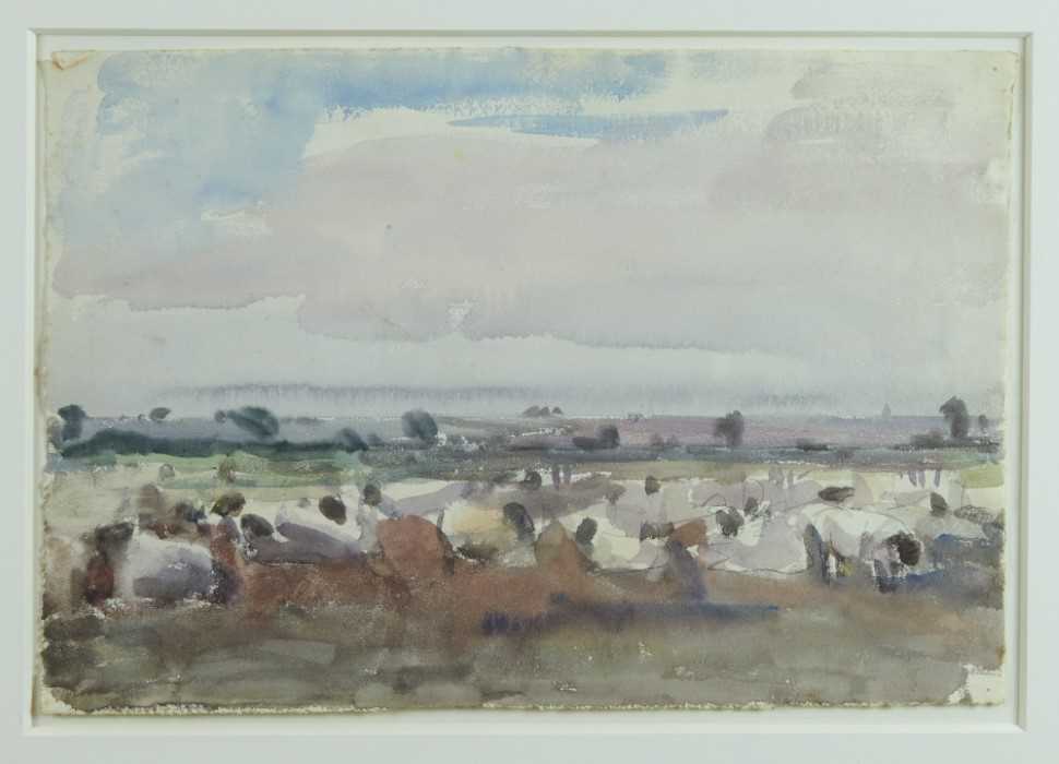 Lot 1090 - Harry Becker (1865-1928) watercolour, sheep in a landscape