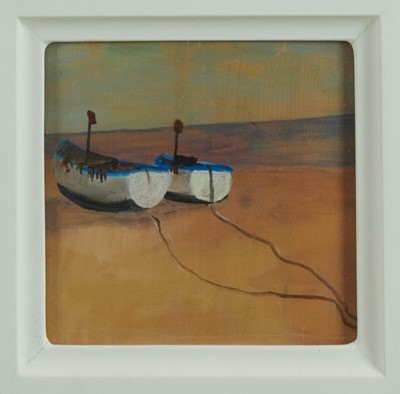 Lot 1094 - *Tessa Newcomb (b. 1955) oil on board, Boats on the beach