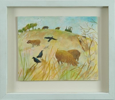 Lot 1095 - *Tessa Newcomb (b. 1955) oil on board, Rooks and pigs