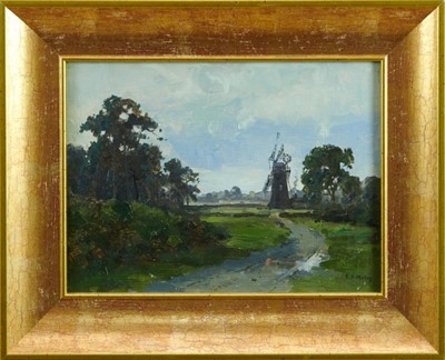 Lot 1099 - Archibald Campbell Mellon (1876-1955) oil on panel, A windmill in Norfolk