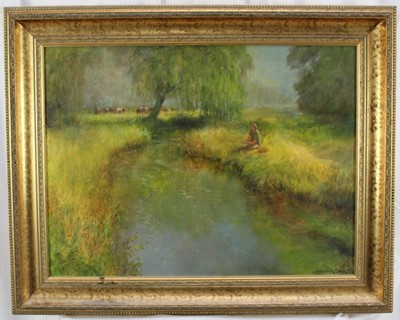 Lot 1107 - Norman Coker (Contemporary) oil on board, Landscape with fisherman