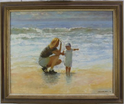 Lot 1106 - Norman Coker (Contemporary) oil on board, Figures on the beach