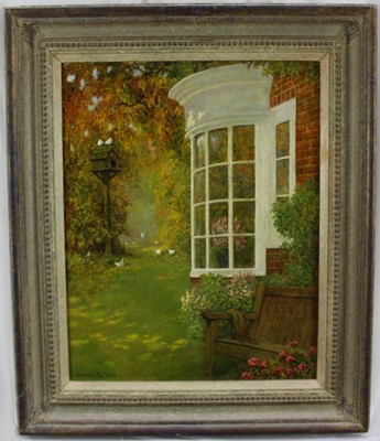 Lot 1102 - Norman Coker (Contemporary) oil on board, Bay window and garden