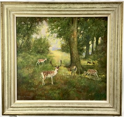 Lot 3 - Norman Coker (Contemporary) oil on board, deer in a clearing, 59.5cm x 55cm