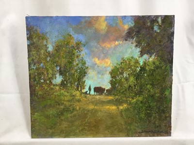 Lot 189 - Norman Coker (Contemporary) oil on canvas, birds in a clearing, cattle on the road home and two watercolours, signed