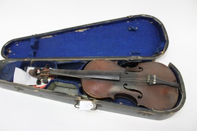 Lot 2319 - Two old violins in cases (one with bow)
