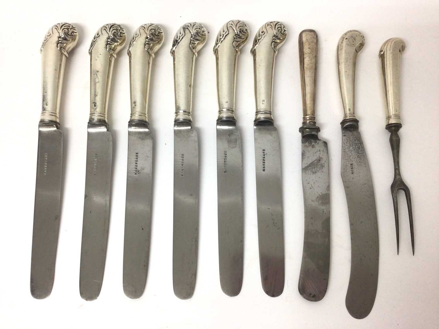 Lot 339 - Six George III silver pistol grip knives and fork