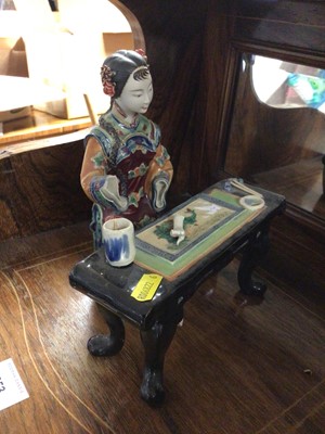 Lot 594 - Chinese finely modelled pottery figure of an artist, two Chinese finely painted snuff bottles in glazed frames and four Chinese glazed pictures