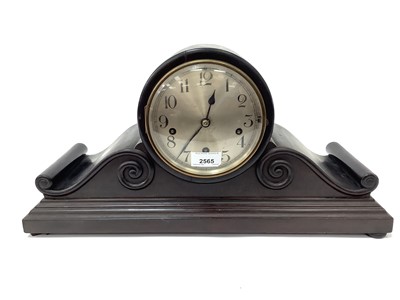 Lot 2565 - German wooden mantel clock with scrollwork decoration