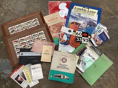 Lot 2568 - Box of enamel badges, together with motoring and bus related ephemera and two framed collections of cigarette cards