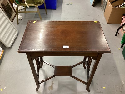 Lot 873 - Edwardian inlaid mahogany occasional table, one other two tier occasional table, inlaid stool with padded seat and two tier carved plant stand (4)