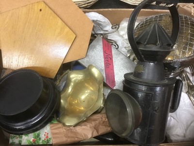 Lot 150 - Vintage railway lamp, plated cutlery and sundries (1 box)