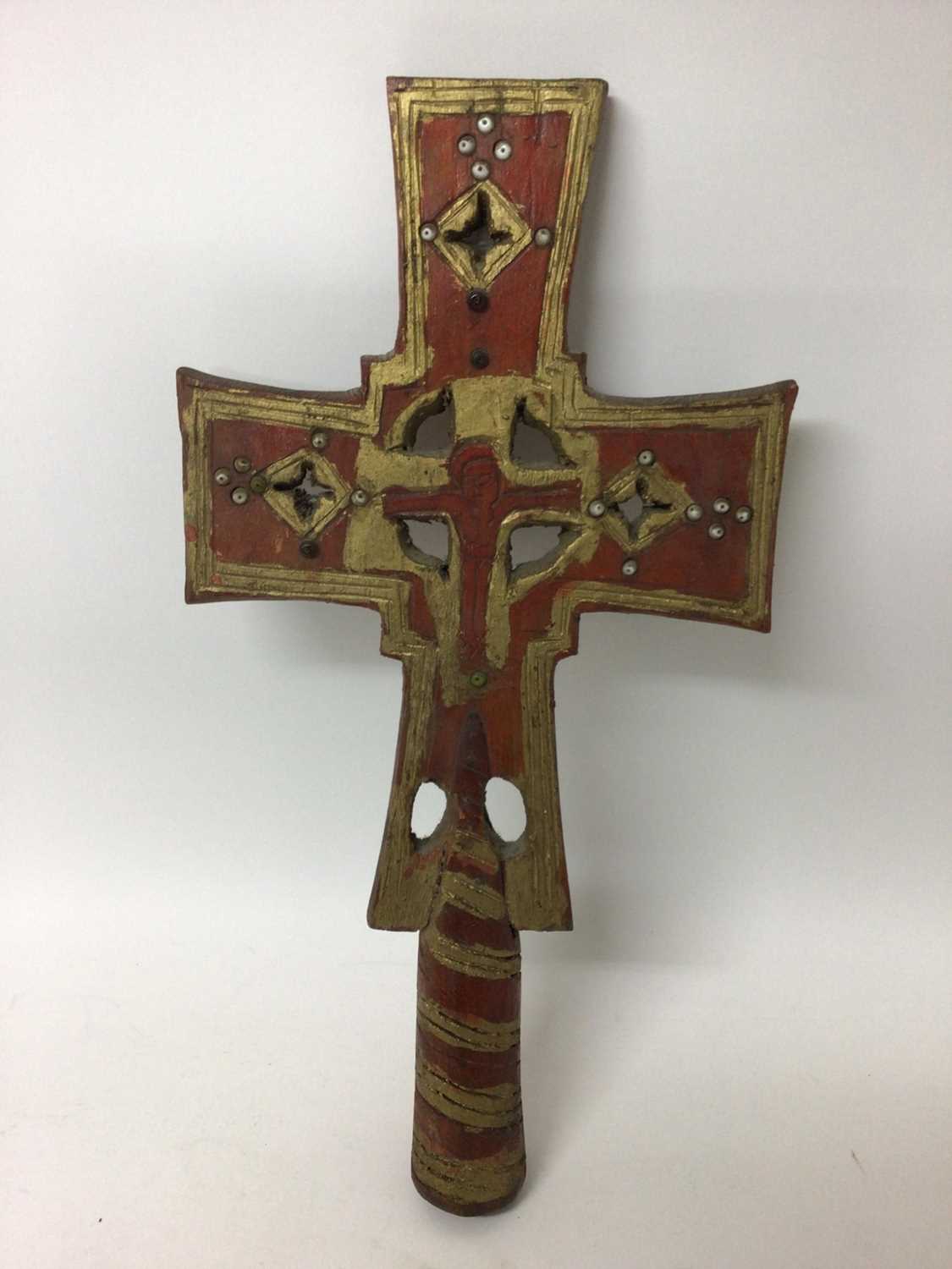 Lot 50 - Decorative processional cross with gilt and painted decoration