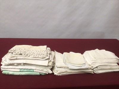 Lot 2186 - Two boxes of table linens including embroidered and lace trimmed table cloths, crochet lace trimmed cloths, white damask napkins, beaded food covers, 1950's Crinoline Lady embroidered items etc.