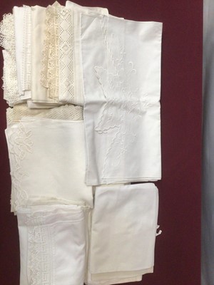 Lot 2189 - Box of fancy and plain bolster covers, a quantity of finely embroidered and lace white handkerchiefs, two long white cotton Ladies nighties with Borderie Anglaise.