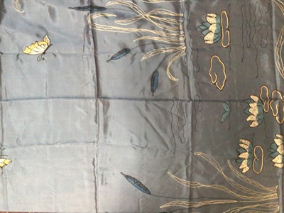 Lot 2190 - Vintage single bed cover.  Pond with water lilies, bull rushes and butterflies hand embroidered in chain stich on blue satin.