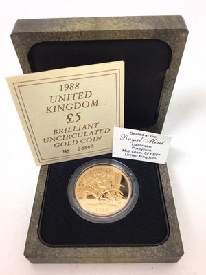 Lot 444 - G.B. - Royal Mint brilliant uncirculated Gold Five Pound coin 1988 (N.B. In case of issue with Certificate of Authenticity) (1 coin)