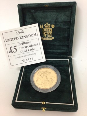 Lot 446 - G.B. - Royal Mint brilliant uncirculated Gold Five Pound coin 1996 (N.B. In case of issue with Certificate of Authenticity) (1 coin)