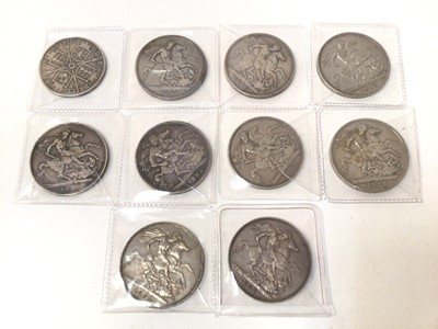 Lot 456 - G.B. - Mixed silver Victorian Crowns to include JH 1889 x 3 VG-AF, 1890 x 2 AF-F, 1892 VG, OH 1893 LVI x 2 F-GF, 1895 LIX VG and double florin 1889 G-VG (N.B. Several with edge bruises) (10 coins)