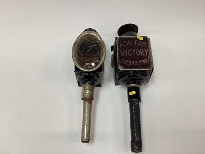 Lot 2611 - Two antique coaching lights, one with etched glass panel 'Ask for Victory Chlordyne'