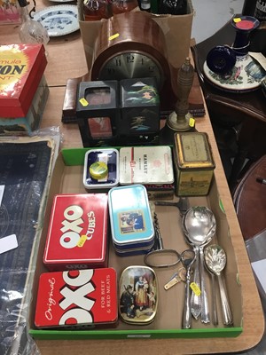 Lot 308 - Group of vintage tins, together with 1930's mantel clock, brass bell, Japanese jewellery box, silver plated ware and other items