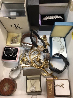 Lot 690 - Silver and guilloche enamel locket, two silver lizard brooches, various wristwatches and other costume jewellery