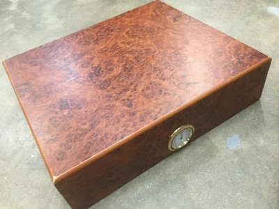 Lot 236 - Burr wood humidor housing a collection of sundry badges