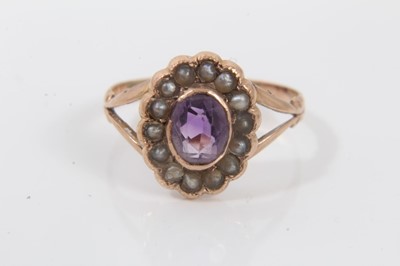 Lot 73 - 1920s 9ct gold turquoise and seed pearl flower head ring and antique gold amethyst and seed pearl ring (2)