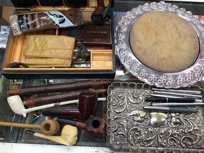 Lot 625 - Silver plated bread board, pen dish, collection of Conway Stewart and Parker pens, pipes and sundries