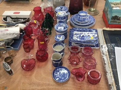 Lot 309 - Group of Victorian cranberry glass, together with blue and white ceramics