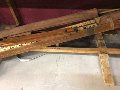 Lot 558 - Surveying instrument in wooden case, surveying measuring stick and other items