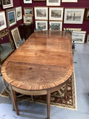 Lot 1470 - George III mahogany dining table, with twin D-ends and central drop-flap, on square legs