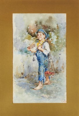 Lot 1217 - Vincenzo Irolli (1860-1942/49), watercolour - The Young Market Seller, signed, 55cm x 33cm, mounted