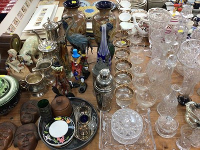 Lot 363 - Pair Doulton Lambeth vases, various glassware, plated tea/coffee set, mantle clock and sundries