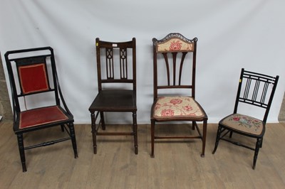 Lot 1074 - Edwardian mahogany side chair with arched pierced top, ebonised child's chair and two others (4)