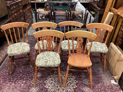 Lot 901 - Six pine dining chairs with pine narrow bookshelf