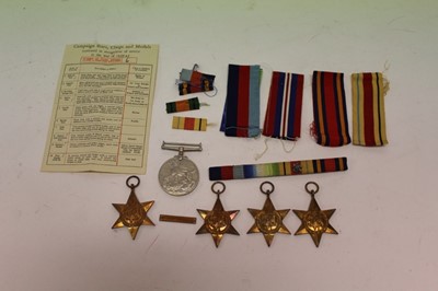 Lot 737 - Second World War medals comprising 1939 - 1945 Star, Africa Star with North Africa 1942 - 43 clasp, Atlantic Star, Burma Star and War medal, together with a First World War compass by S. Mordan & Co