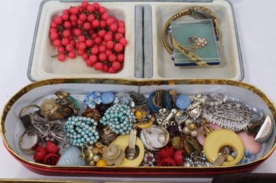 Lot 190 - Group vintage costume jewellery including paste set brooches, clip on earrings, wristwatches and bijouterie