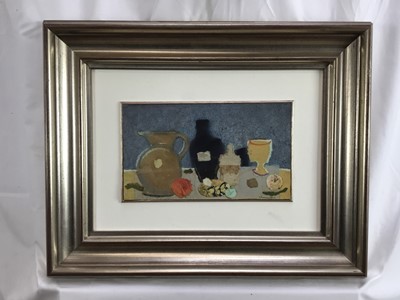 Lot 170 - English School, contemporary - Mixed media and collage still life of items on a tabletop, indistinctly signed