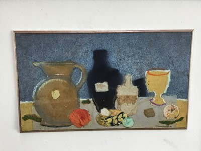 Lot 170 - English School, contemporary - Mixed media and collage still life of items on a tabletop, indistinctly signed