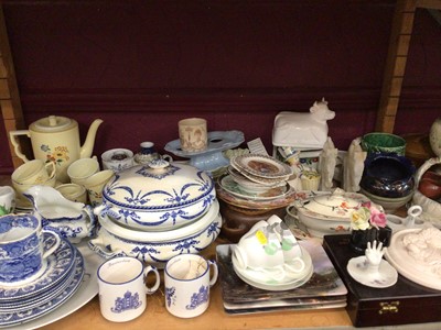 Lot 536 - Two shelves of mixed ceramics, including Victorian bread plates, tea wares, etc