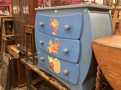 Lot 913 - Winnie the Pooh themed painted pine chest of drawers, a child's chair and pine wardrobe