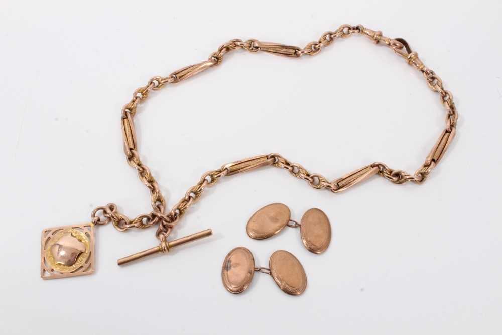 Lot 51 - 9ct rose gold fancy link watch chain and fob, together with pair 9ct rose gold cufflinks