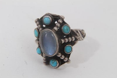 Lot 185 - Victorian white metal propelling pencil, silver moonstone and turquoise cluster ring, glass bead necklace, other vintage jewellery and bijouterie