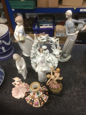 Lot 139 - Continental porcelain including four Lladro figures, together with a decorative vase, Coalport figurine and Staffordshire figure