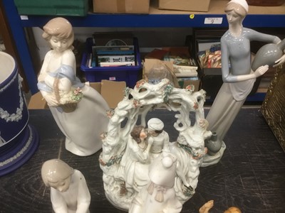 Lot 139 - Continental porcelain including four Lladro figures, together with a decorative vase, Coalport figurine and Staffordshire figure