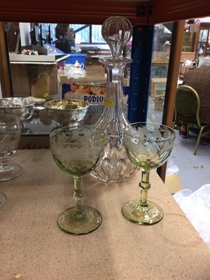 Lot 298 - A pair of Victorian etched green wine glasses and a Victorian decanter