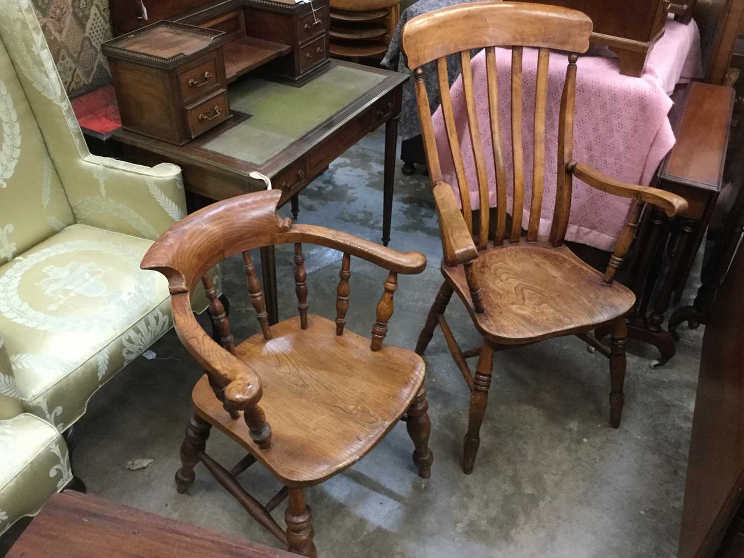 Lot 945 - Elm captains arm chair, together with an elm high back chair (2)