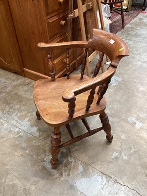 Lot 945 - Elm captains arm chair, together with an elm high back chair (2)