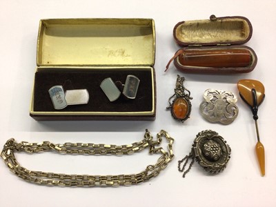 Lot 664 - Group of jewellery including pair of silver cufflinks, silver brooches etc